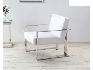 White Leatherette and Polished Stainless Steel Lounge Chair