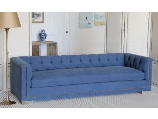 Blue Denim Sofa with Natural Nailhead Trim and Reclaimed Block Legs